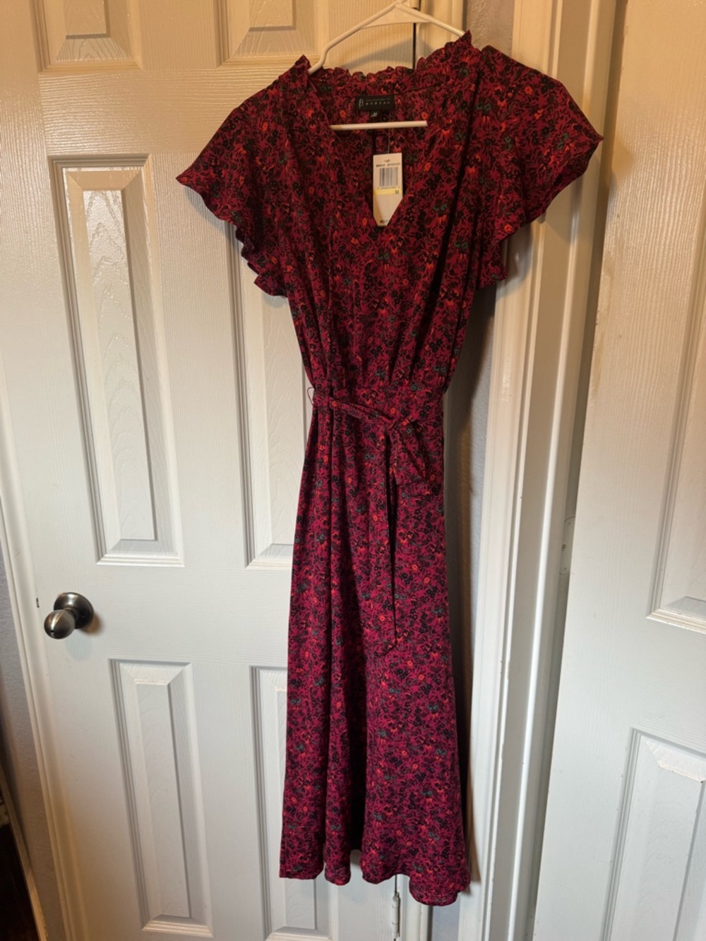 bobeau Burgundy Floral Midi Dress with Tie Waist